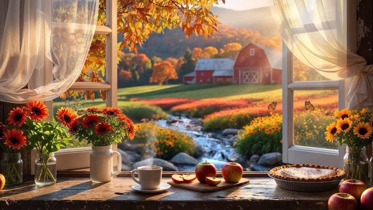 Cozy Autumn Farm Window Ambience 🍎 Fall Harvest Morning | Nature & River Sounds for Sleep or Focus