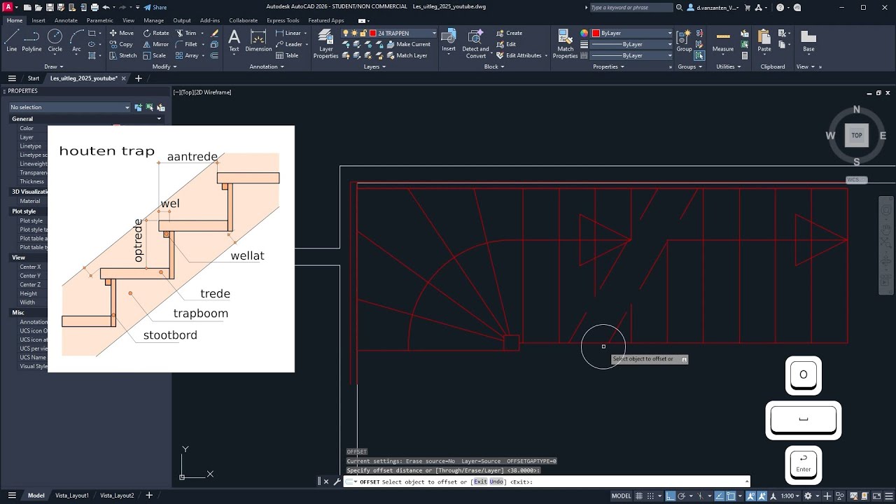 02. AutoCAD 2e-jaars Bouwkunde &ndash; Trap tekenen (op- en aantrede, onderkwart, trapkolom en trapboom)