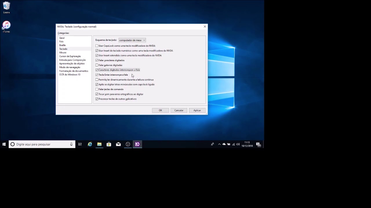 Configurações do NVDA - Categoria Teclado