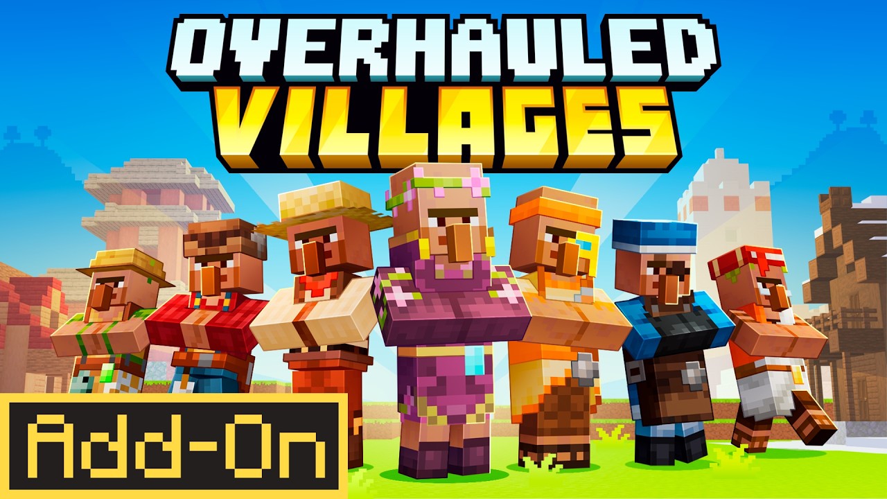 Дополнение OVERHAULED VILLAGES добавляет в Minecraft Bedrock новые деревни, жителей и квесты.