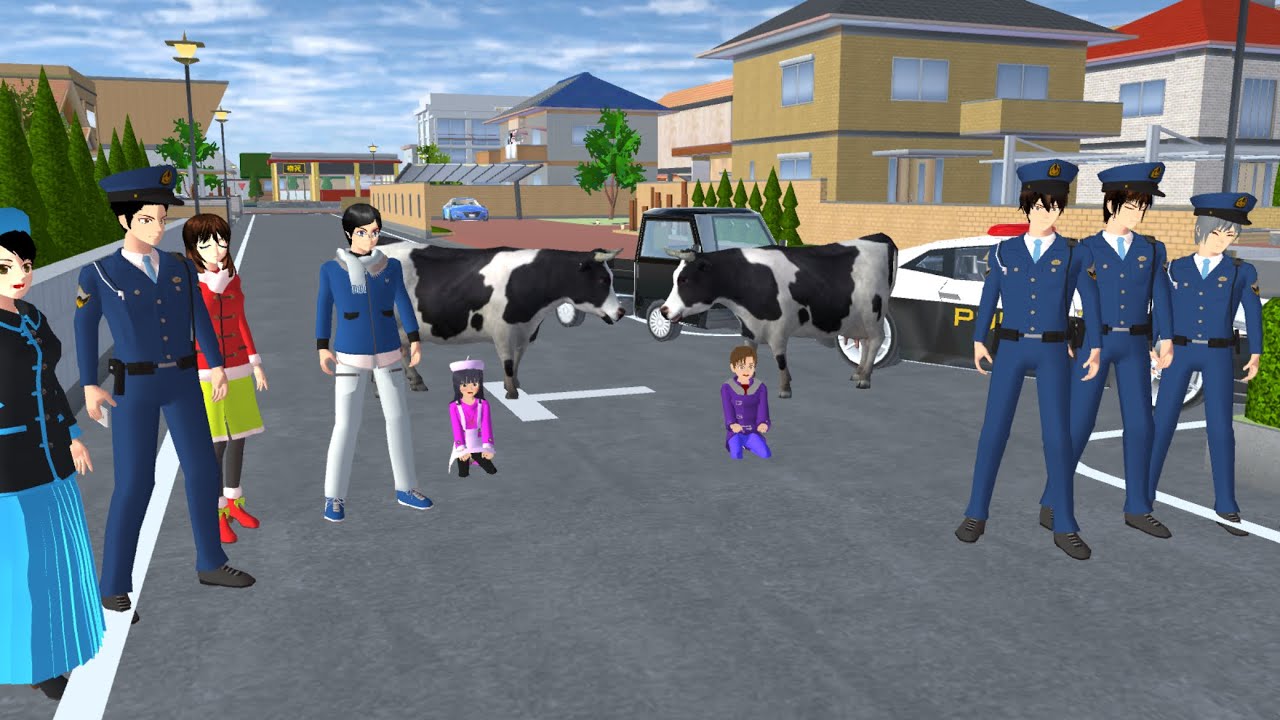 Yuta and Mio Face Two  Cows🐄Police Arrive to Help👮&zwj;♂️#sakuraschoolsimulator #newupdate #shortsvideo 
