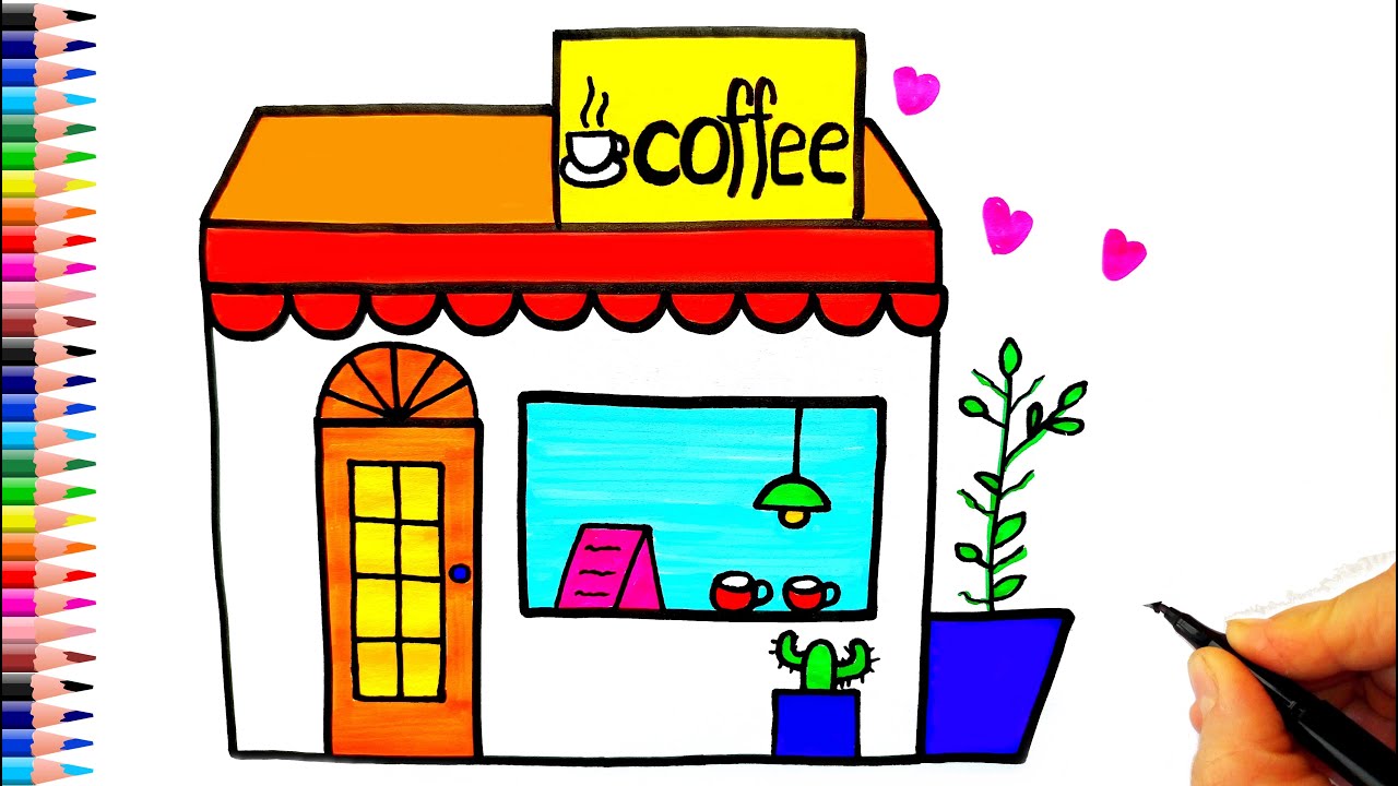 Kafe Çizimi - Dükkan Çizimi - Kahve Dükkanı Çizimi - How to draw a Cafe Shop Cafeteria Drawing Easy