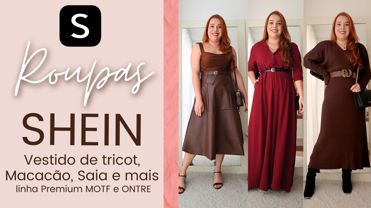 Roupas SHEIN - Vestido de tricô, Saia marrom de PU , cardigan e mais | MOTF e ONTRE