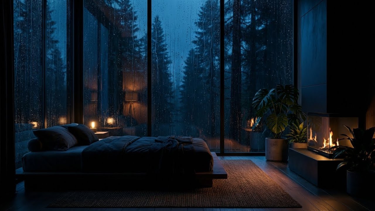 Instant Calm: Rainy Night and Felt Piano in Dark Forest Room for Deep Sleep and Rest 🌧️🔥