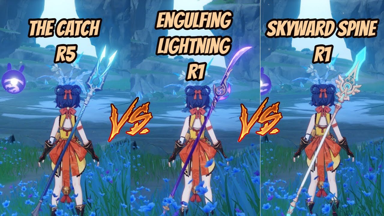 THE CATCH R5 VS ENGULFING LIGHTNING VS SKYWARD SPINE On Xiangling Burst Damage Comparison