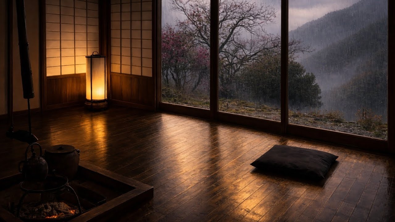 Rainy Japanese Room Ambience | Cherry Blossom Rain & Cozy Fireplace | Sleep, Study, Relax