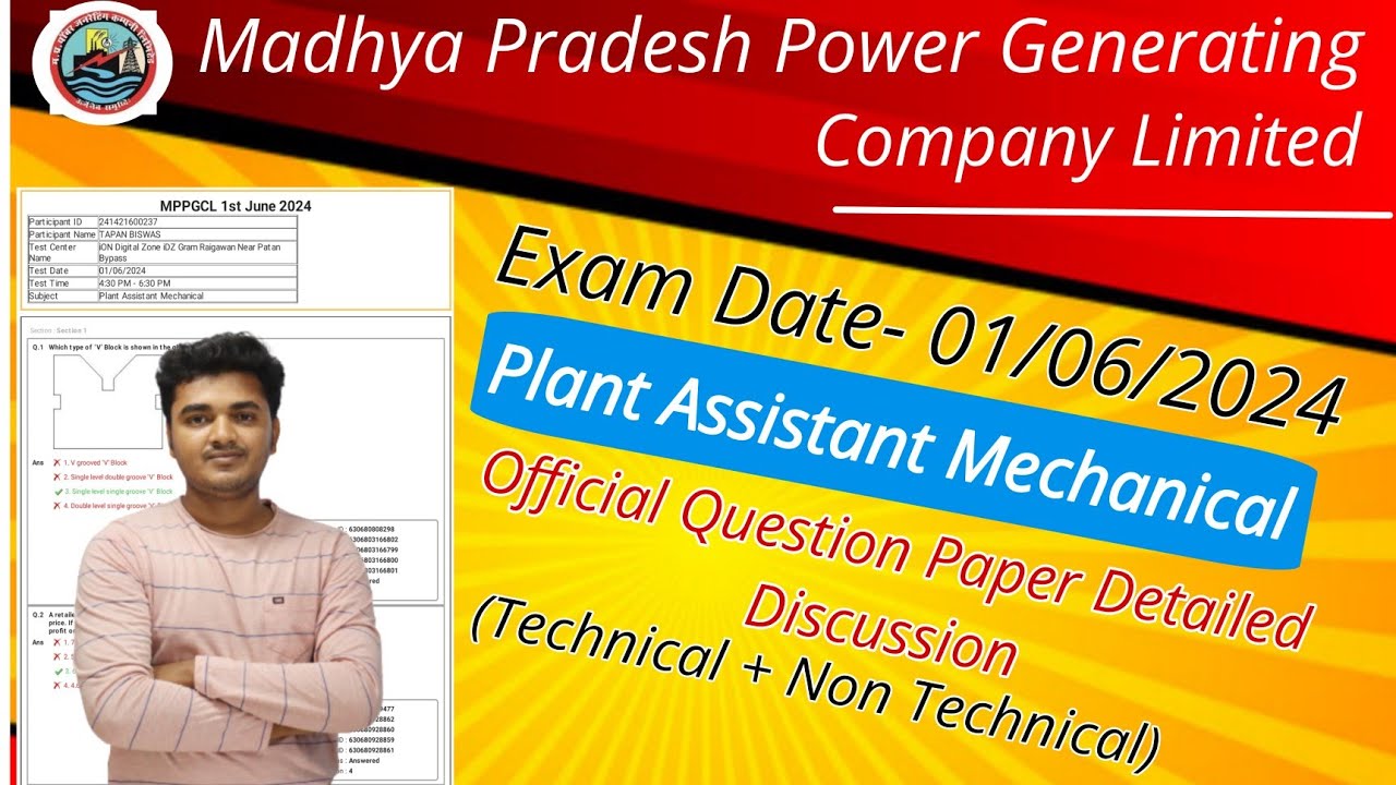 MPPGCL Plant Assistant Mechanical Question Paper 2024 | MPPGCL Mechanical Question Paper 01/06/2024