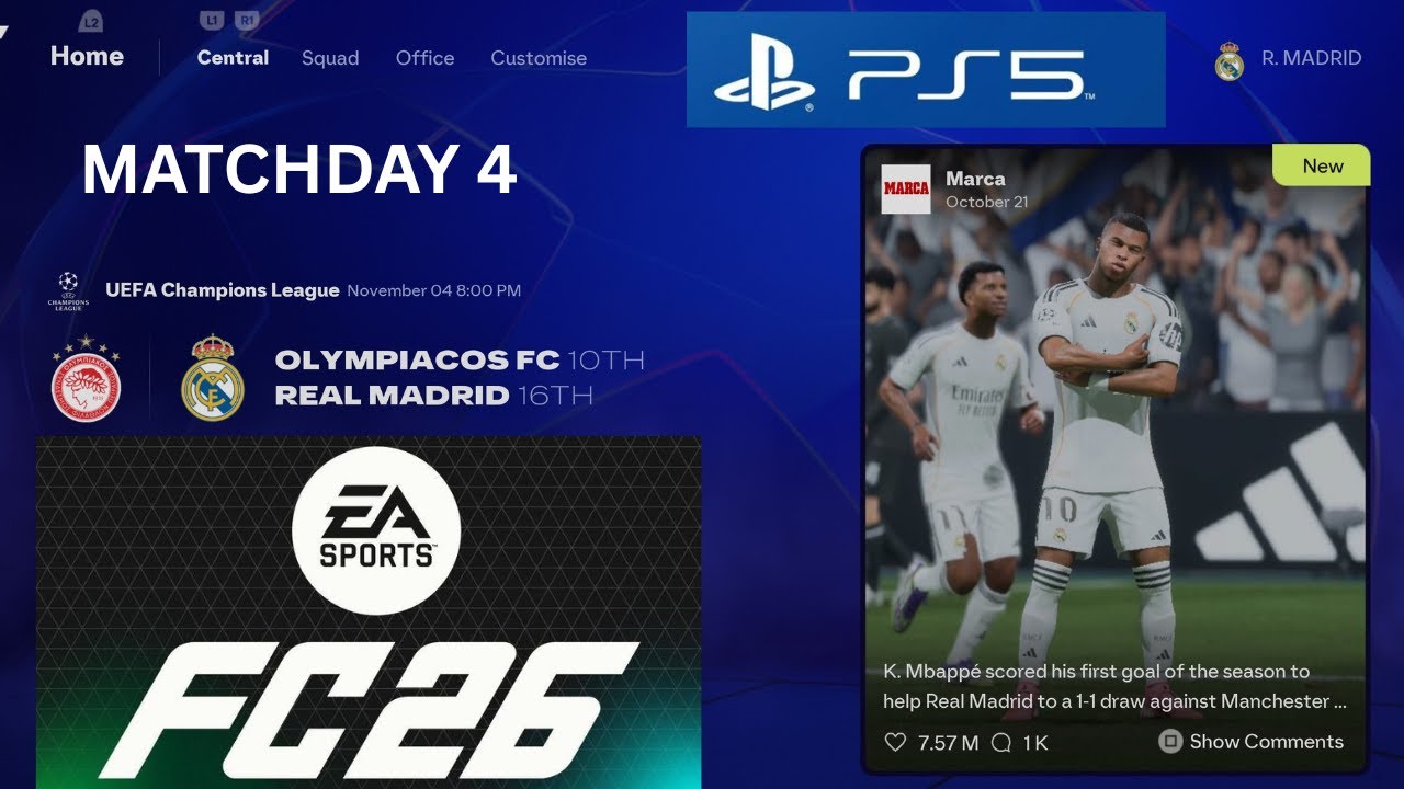 Real Madrid vs Olympiacos FC | Champions League 25/26 Matchday 4 | FC 26 PS5 [4K UHD Gameplay]