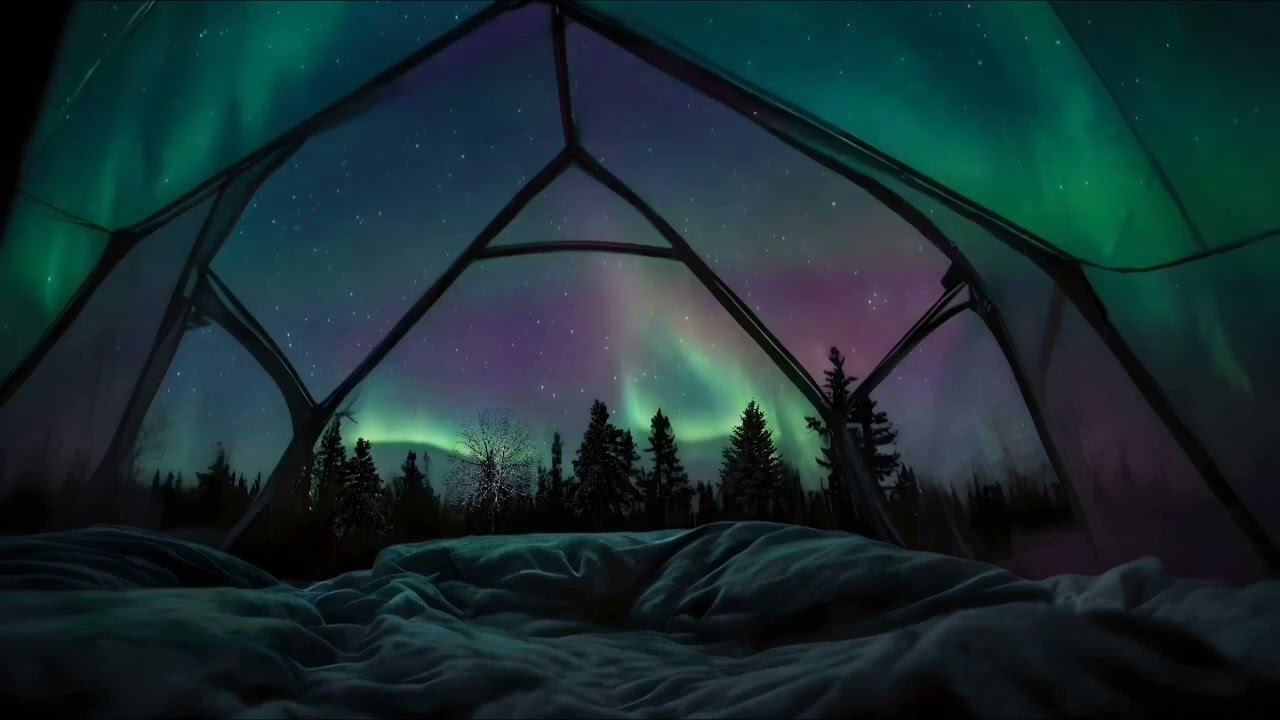 Sleep Video - Glamping Under the Northern Lights in Clear Dome - Nordic Ambience, Winter Sleep, Snow