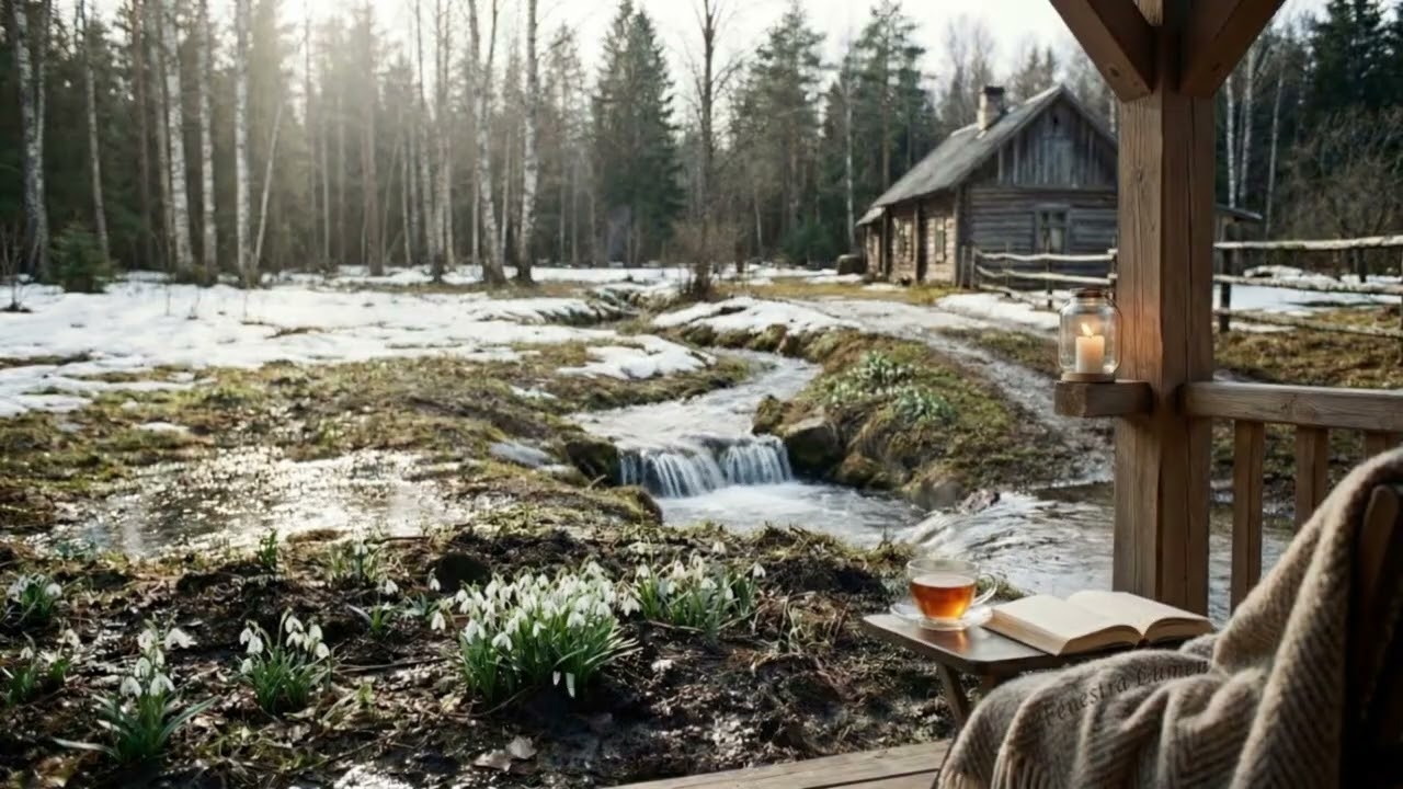 March Ambience in a Snowy Meadow – Birds Singing & Flowing Stream