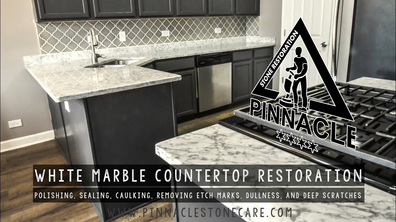 WHITE MARBLE COUNTERTOP RESTORATION - removing etch marks, dullness, scratches, polishing, sealing
