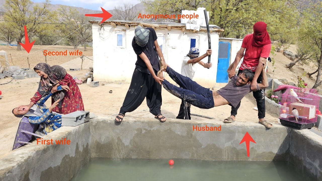 The second wife returns home with her men and attacks and threatens the husband.