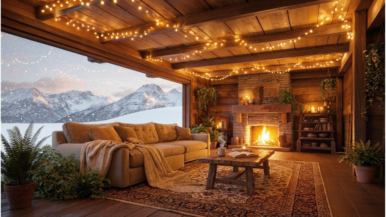 Cozy Cabin Ambience | Fireplace Gentle Jazz | Warm Cabin Fireplace Relaxing Music 2 hrs