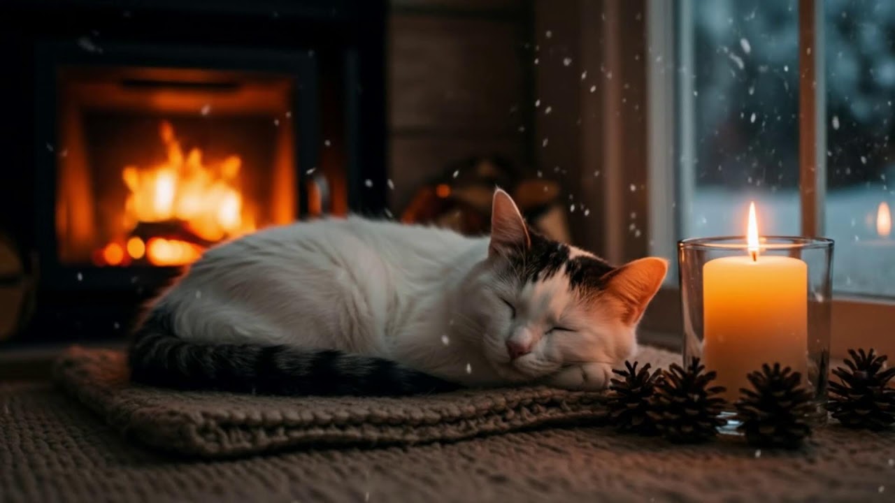 Calming Cat Night Music 432Hz 😻 Fireplace Glow For Relaxation, Healing, And Peaceful Sleep