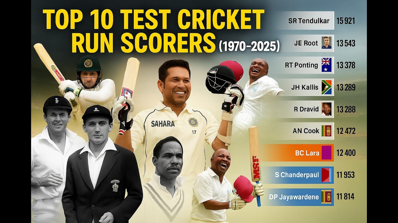 Top 10 Highest Run Scorers in Test Cricket History (1970&ndash;2025)