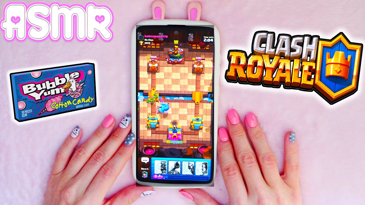 ASMR Playing Clash Royale on my Phone + relaxing gum chewing sounds and cozy whispering 🍀🎧