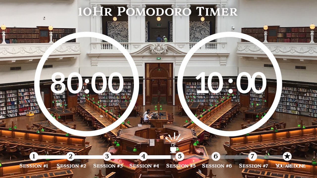 80 Minute Pomodoro Timer📖Library ASMR 도서관 백색소음 📚10-Hour Study ⏱Pomodoro 80/10, 80 min x 7 sets