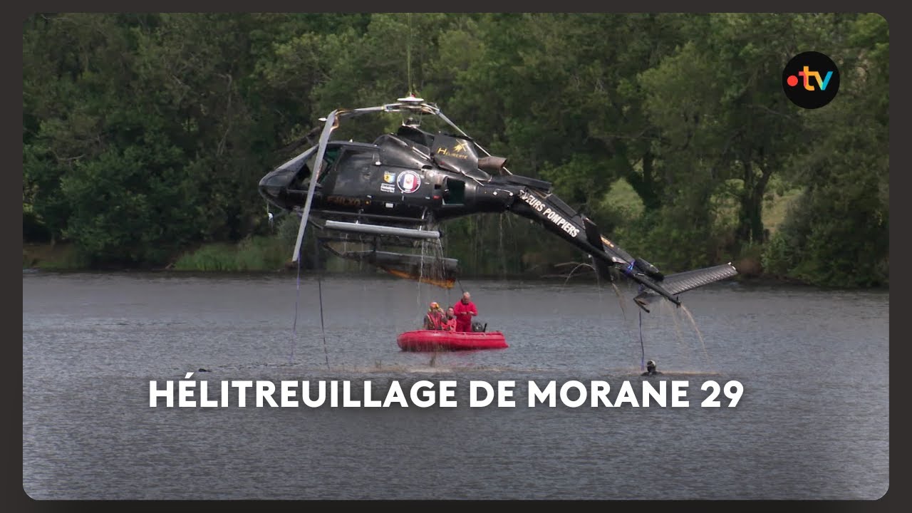 Évacuation par hélicoptère de l'épave de Morane 29 à Rosporden