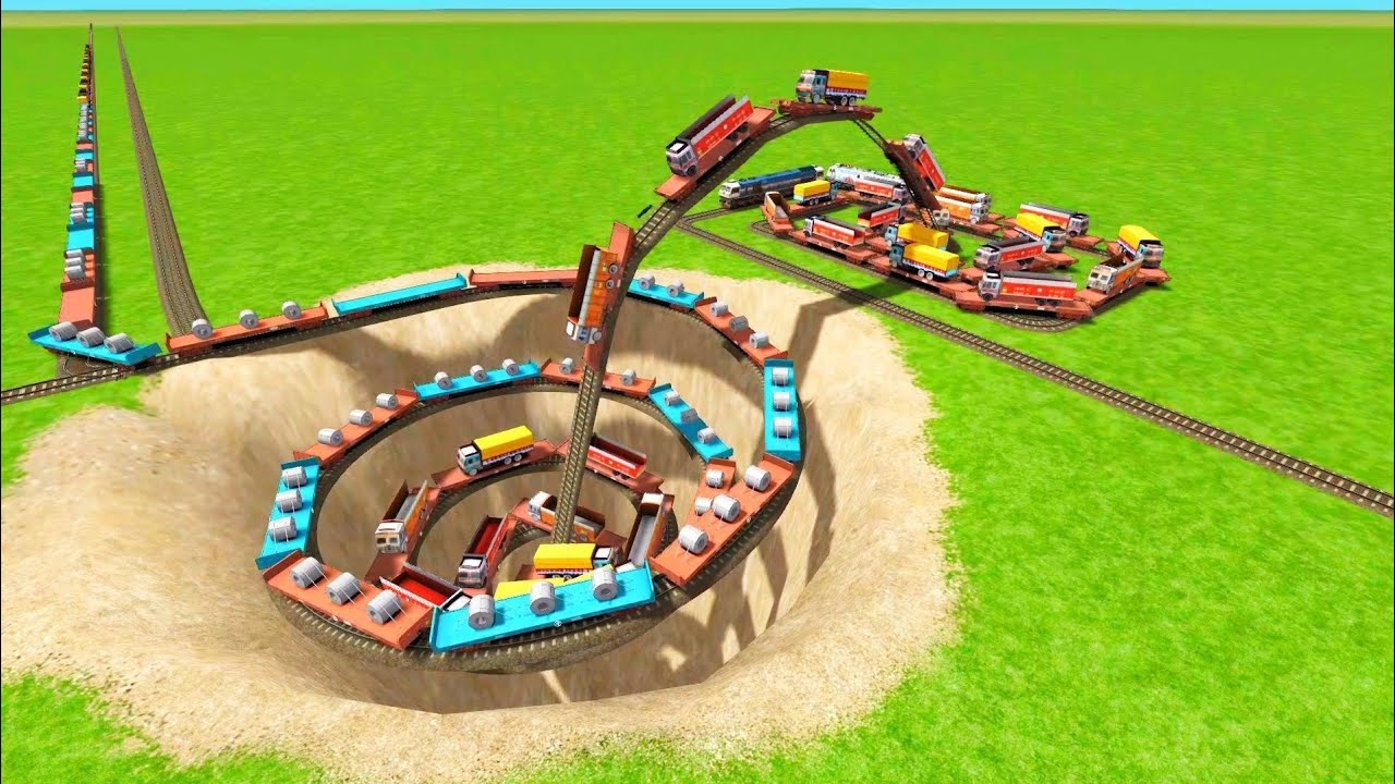 IMPOSSIBLE TRAINS CROSSING CAREFULLY BY BUMPY RAILROAD TRACKS ZIG ZAG TRACKS RAILROAD RAILWORK BEANG