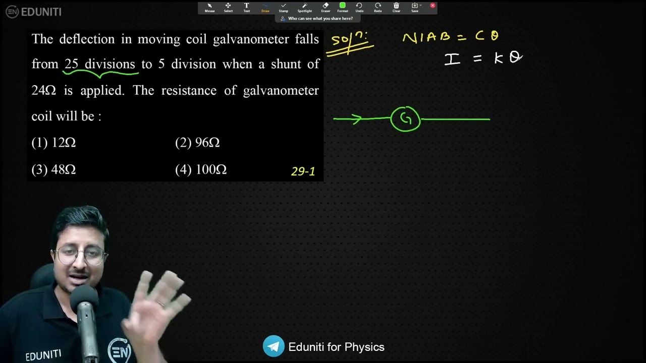 The deflection in moving coil galvanometer falls from 25 divisions to 5 division when a shunt of 24