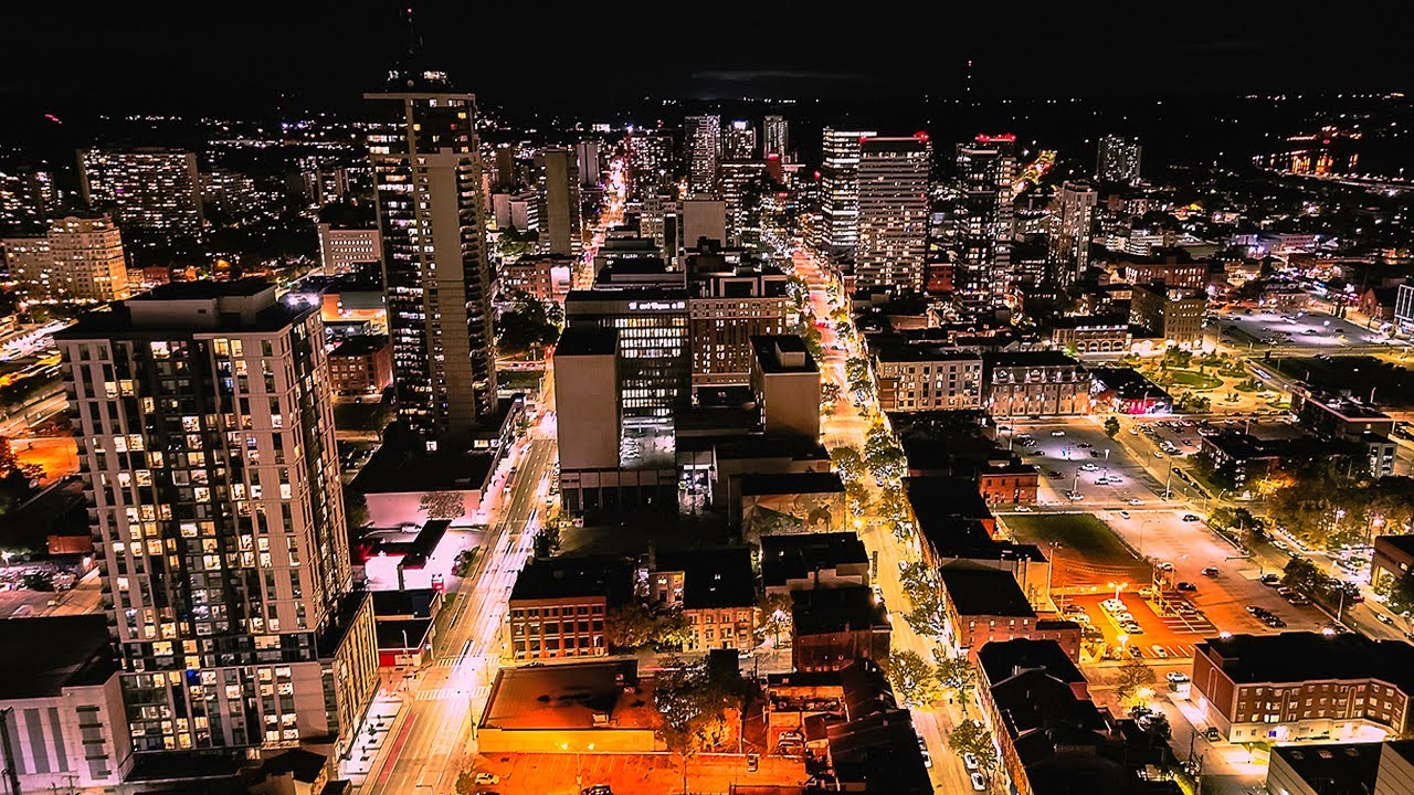 Downtown Hamilton Drone Tour At Night