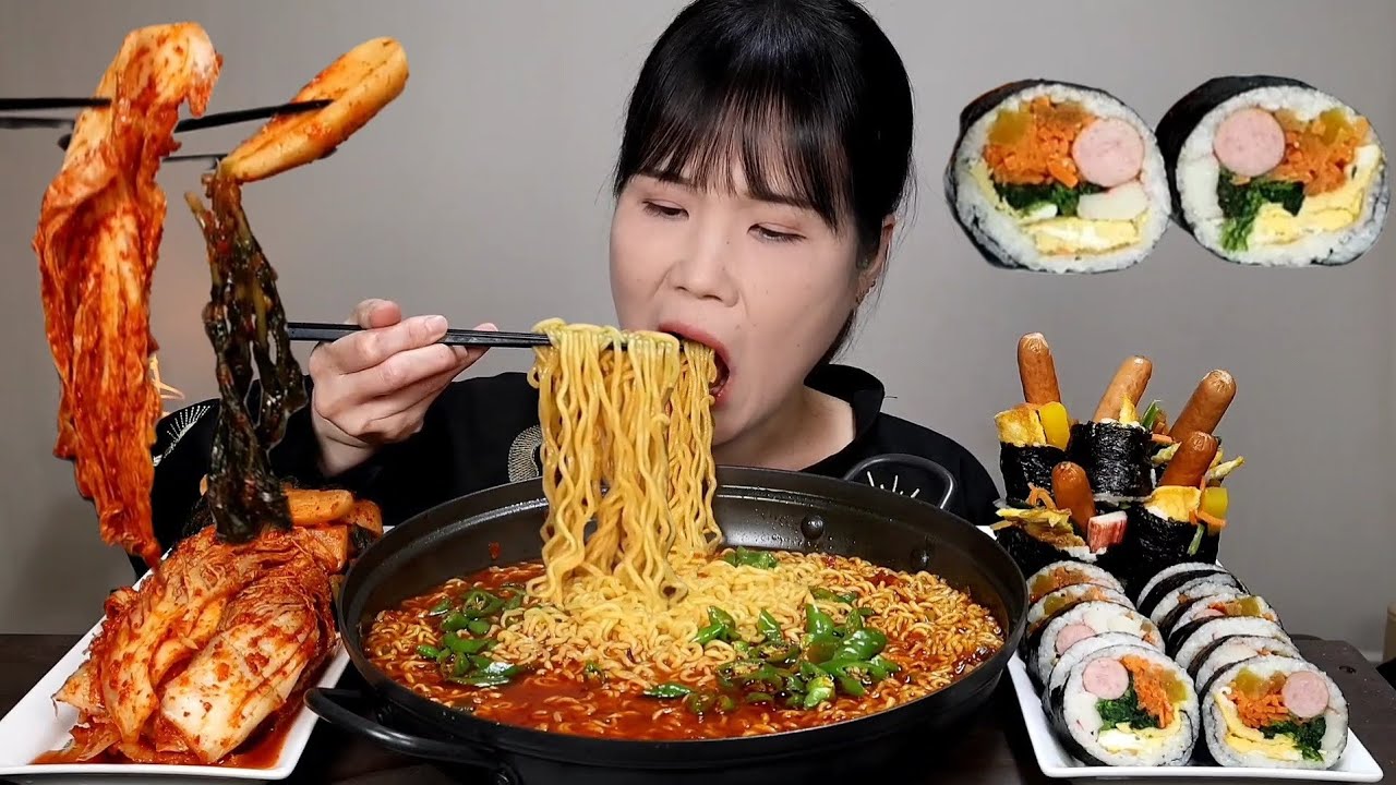 мукбанг, пряный, кимчи, рамен, кимбап.