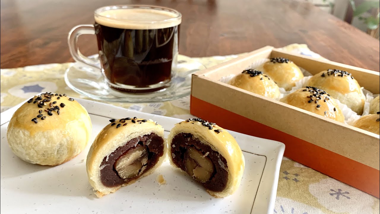 今年中秋節不要再吃蛋黃酥啦！試試沒有蛋黃、沒有豬油，健康的偽蛋黃酥【栗子豆沙酥】Chestnut Moon Cake & Americano for Mid Autumn Festival #中秋節