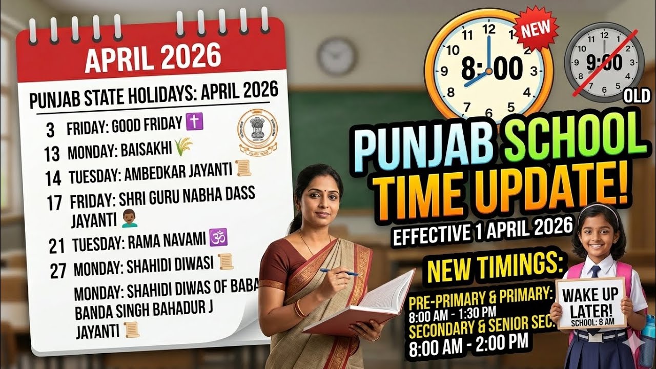 Punjab School New Timings from 1st April 2026 | April 2026 Holidays List Punjab Schools