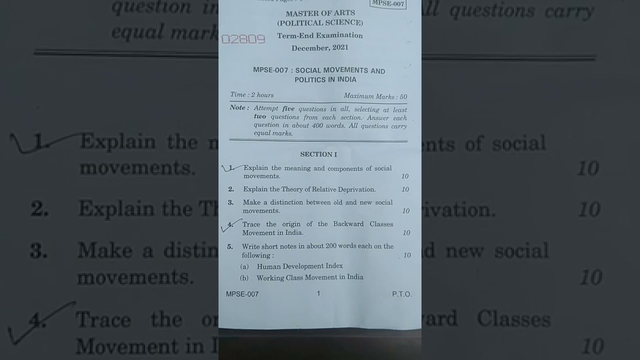 MPSE 007 of IGNOU. MPS Term End exam 21/03/2022. Social movements and politics in India