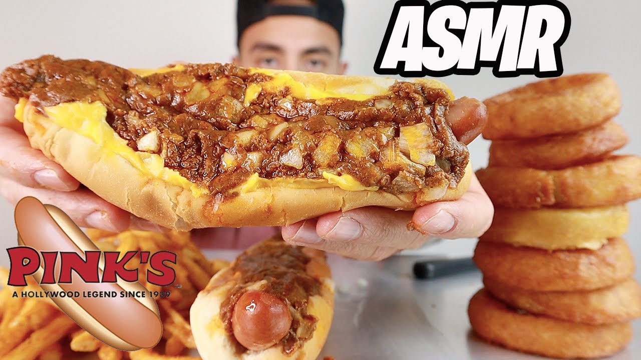 MY FIRST ASMR VIDEO Chilli Cheese Dogs + CRISPY Onion Rings Pinks Hot dog LA *Real Eating Sounds*