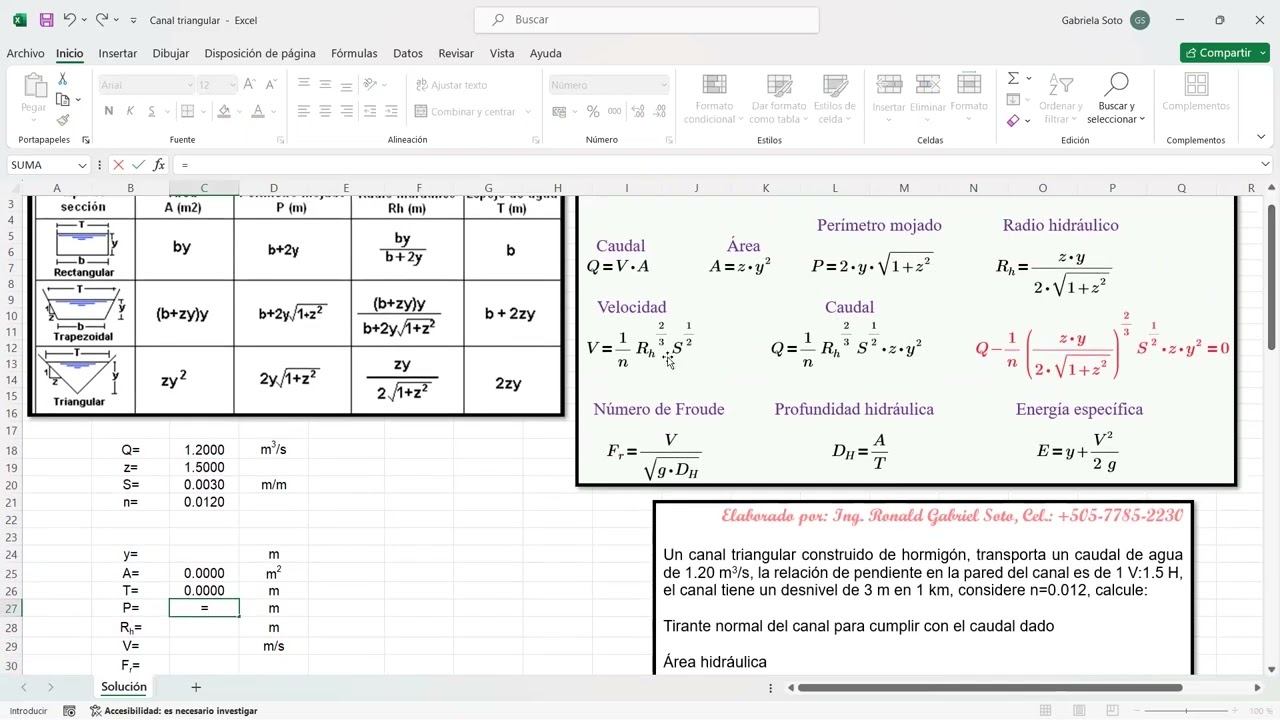 Canal triangular con uso de solver de excel