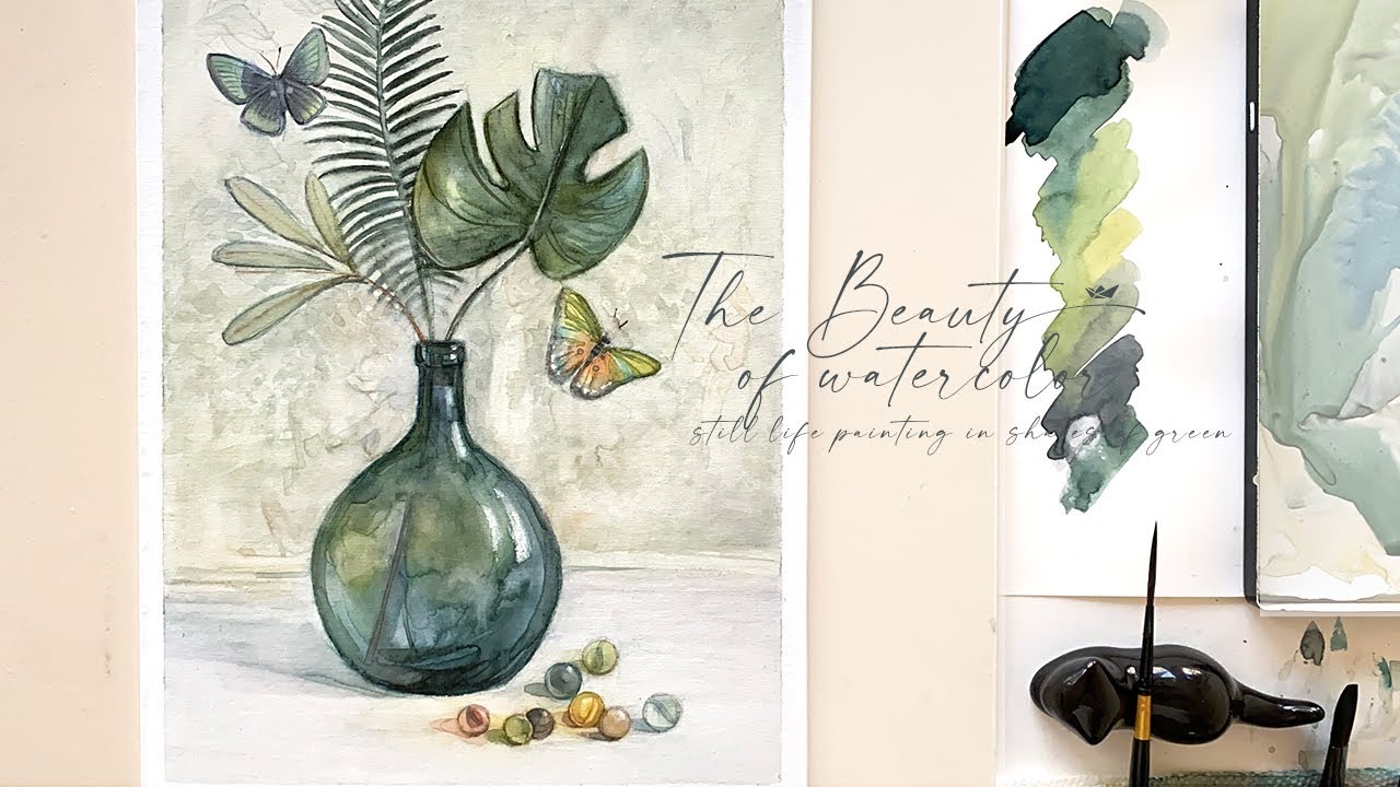 Watercolor on Canvas: Still Life with Green Glass Vase and Glass Marbles