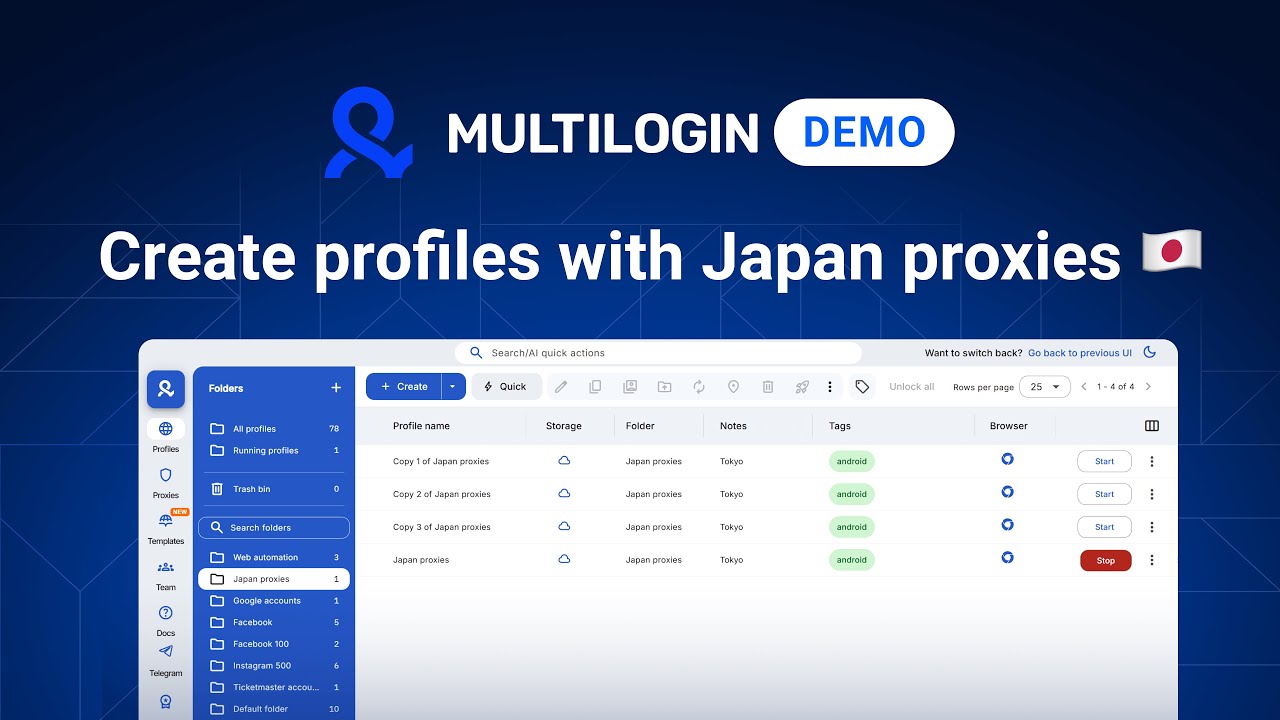 Create browser profiles with Japan built-in proxies