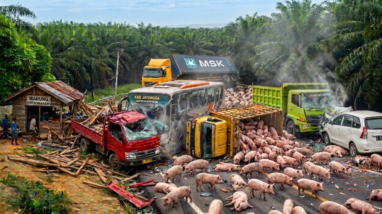Truck Muatan Babi Terbalik || Truck Rem Blong Hantam Bus Dan Warung Di Bukit Kodok