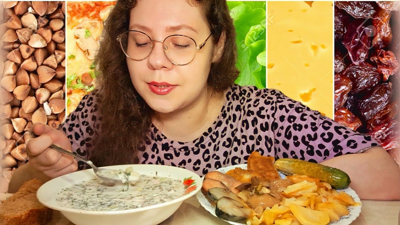 Мукбанг Окрошка, Жареная Картошка, Скумбрия, Красная рыба, Рыба в кляре