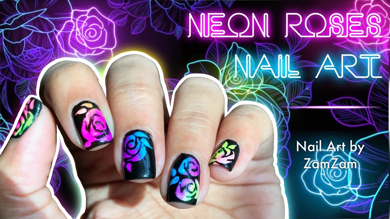 Neon Roses Nail Art (Freehand) | Floral Nails Step by Step | Nail Art by ZamZam