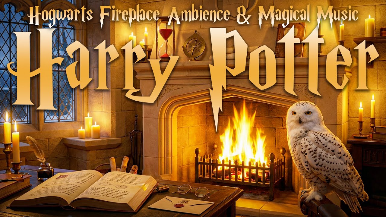 Harry Potter Fireplace Ambience 🔥 A Warm Winter Glow, Crackling Fire in the Wizarding Castle | Music