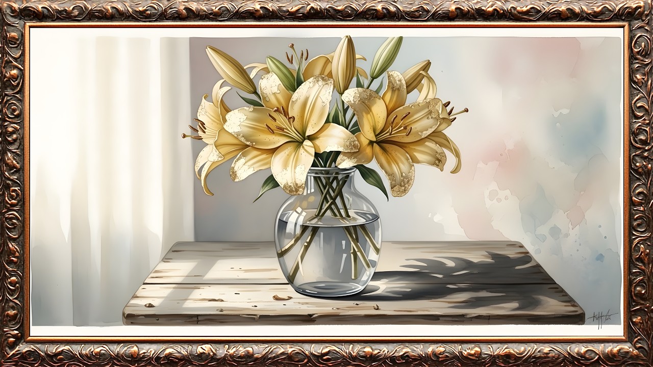 Vintage Gold Lily Flowers | Relaxing Watercolor Art Display