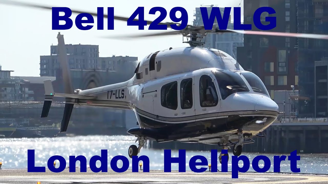 Bell 429WLG private helicopter landing and takeoff at London Heliport T7-LLS