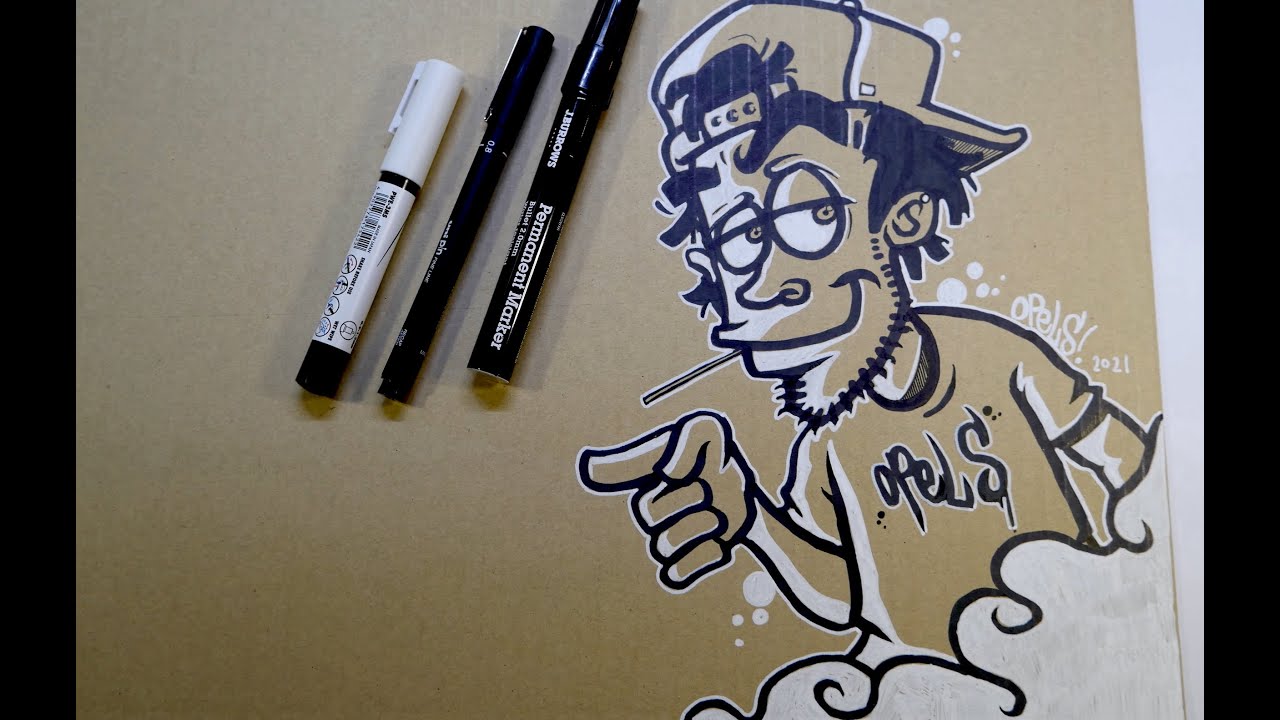 New Graffiti Character Drawing using only 3 Pens on Cardboard!