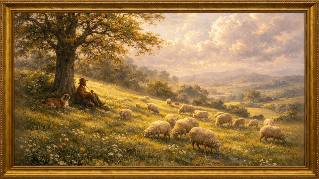 Shepherd and Sheep on a Spring Hillside | 4K Framed Art Screensaver | 2 Hours Silent Painting for TV