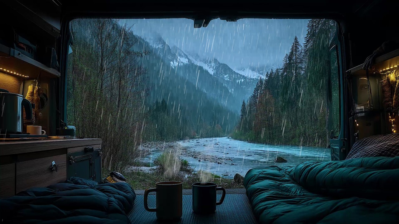 Sleep Better with Rain Inside Campervan with Mountain River 🚐 Escape into Tranquility with Rain