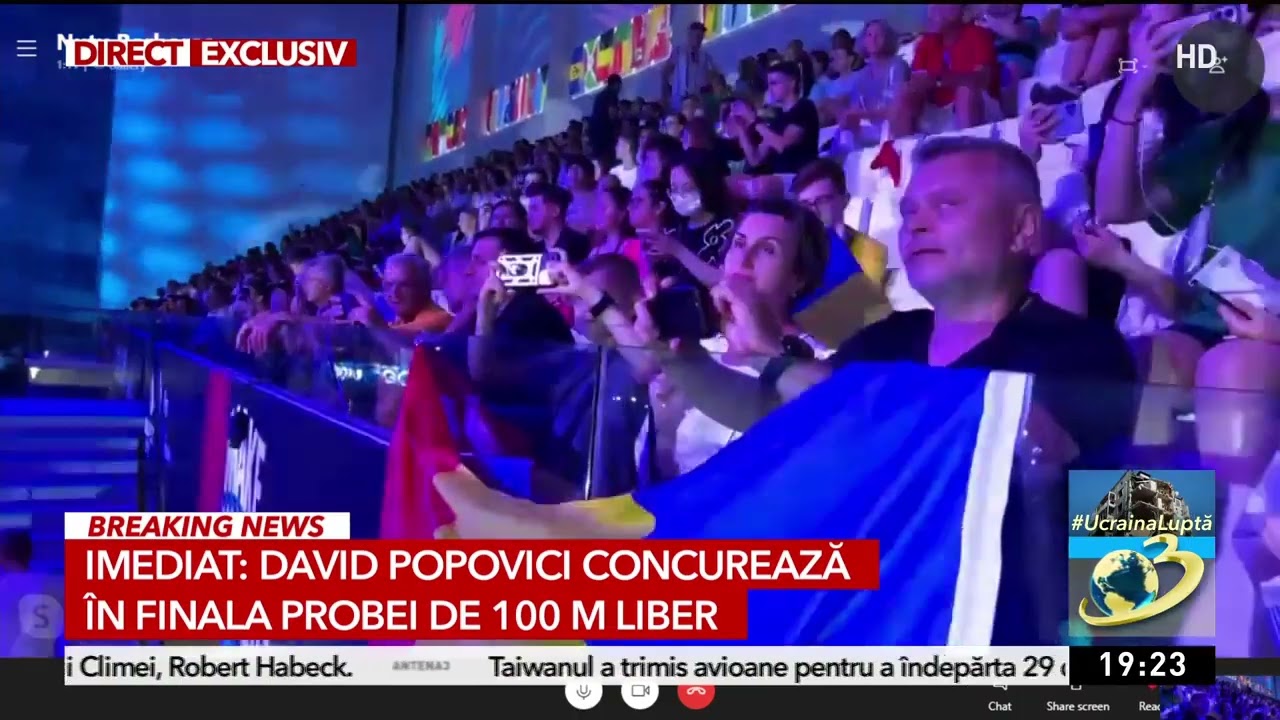 Live cursa de 100m liber - David Popovici - Campion Mondial