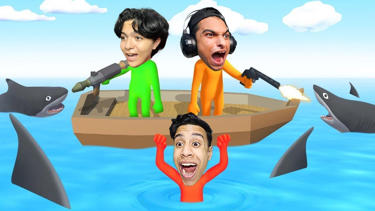 تايهين في عرض البحر وسمك القرش بيحاول ياكولنا ولازم نتحدي بعض عشان نعيش😳 | gang beasts