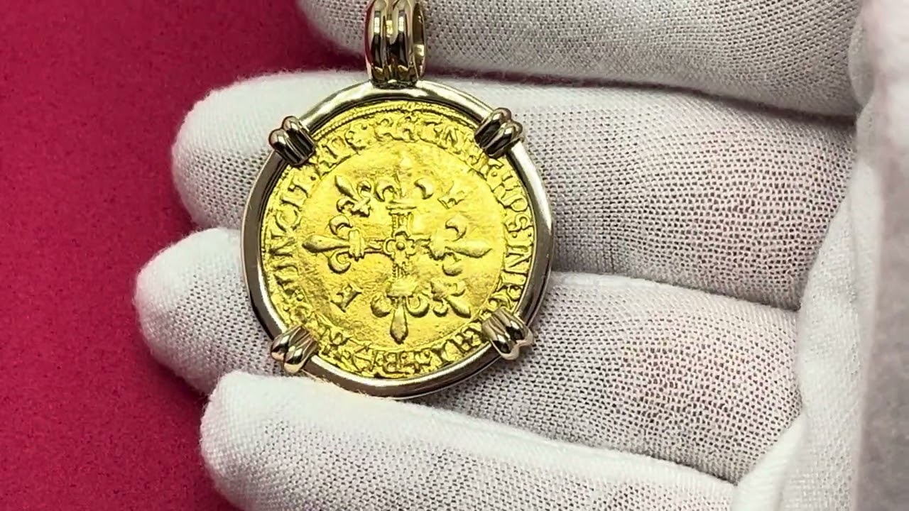 French Renaissance King Francis I Gold Ecu Coin in 14k Jewelry Pendant