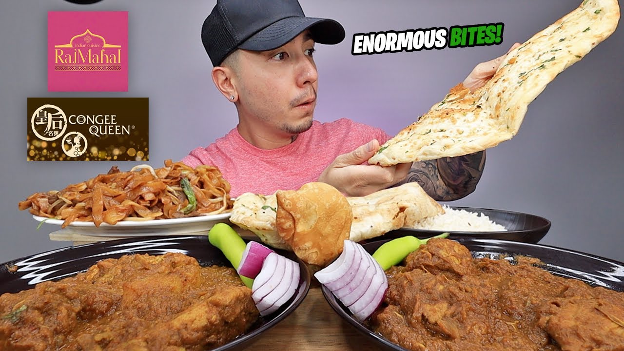 EATING Indian Chicken Curry, Beef Fried Rice Noodles, GARLIC NAAN, Chicken Vindaloo, Samosa MUKBANG