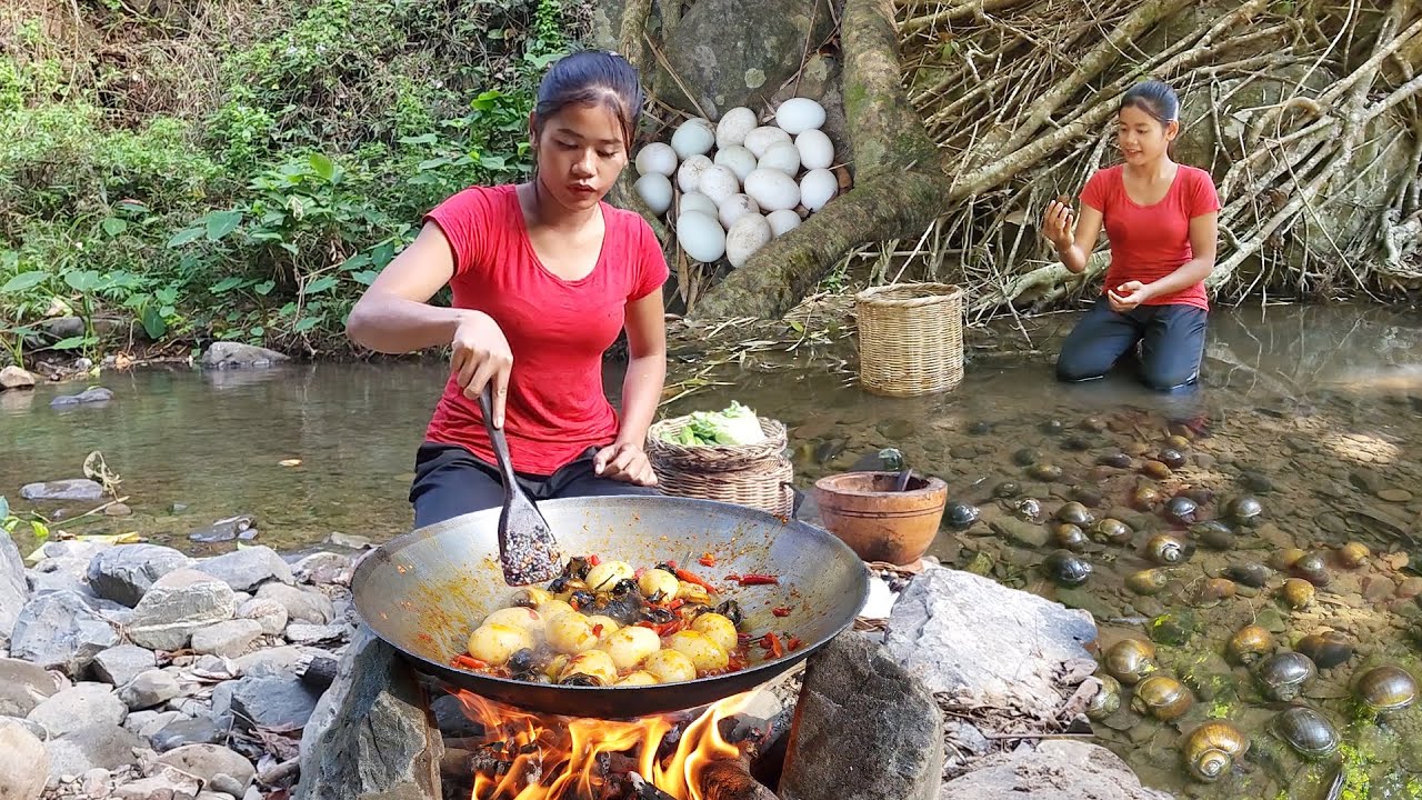Snails curry delicious with duck egg for dinner - Solo cooking of survival