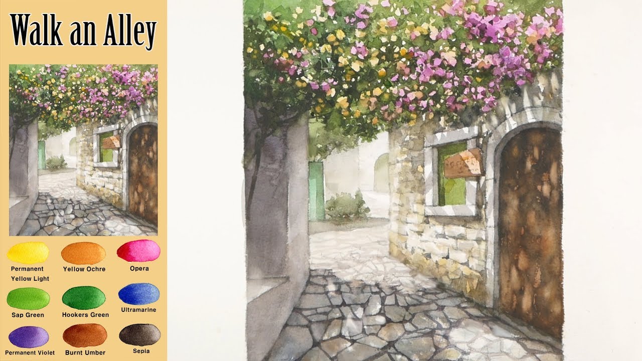 Прогулка по переулку - пейзажная акварель (wet-in-wet, Arches rough)NAMIL ART