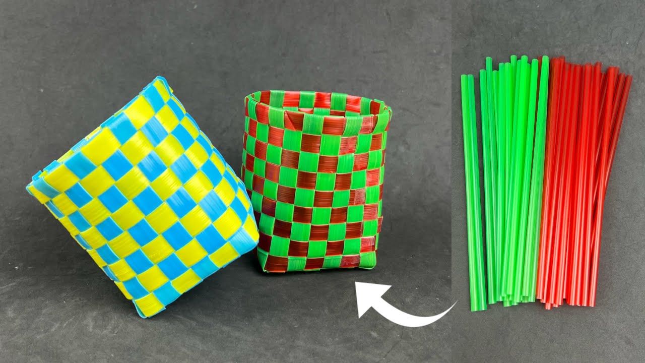 DIY mini basket from  plastic straws .สานตะกร้าจากหลอดพลาสติก