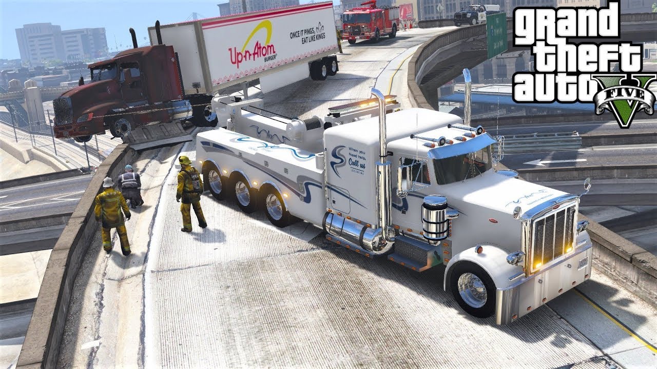 Heavy Wrecker Towing A Burnt Semi Truck in GTA 5